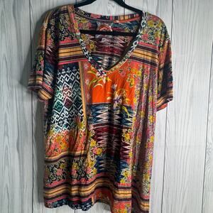 JOHNNY WAS Allie Tee Top XXL Colorful Floral Short Sleeve Stretch Spring Summer